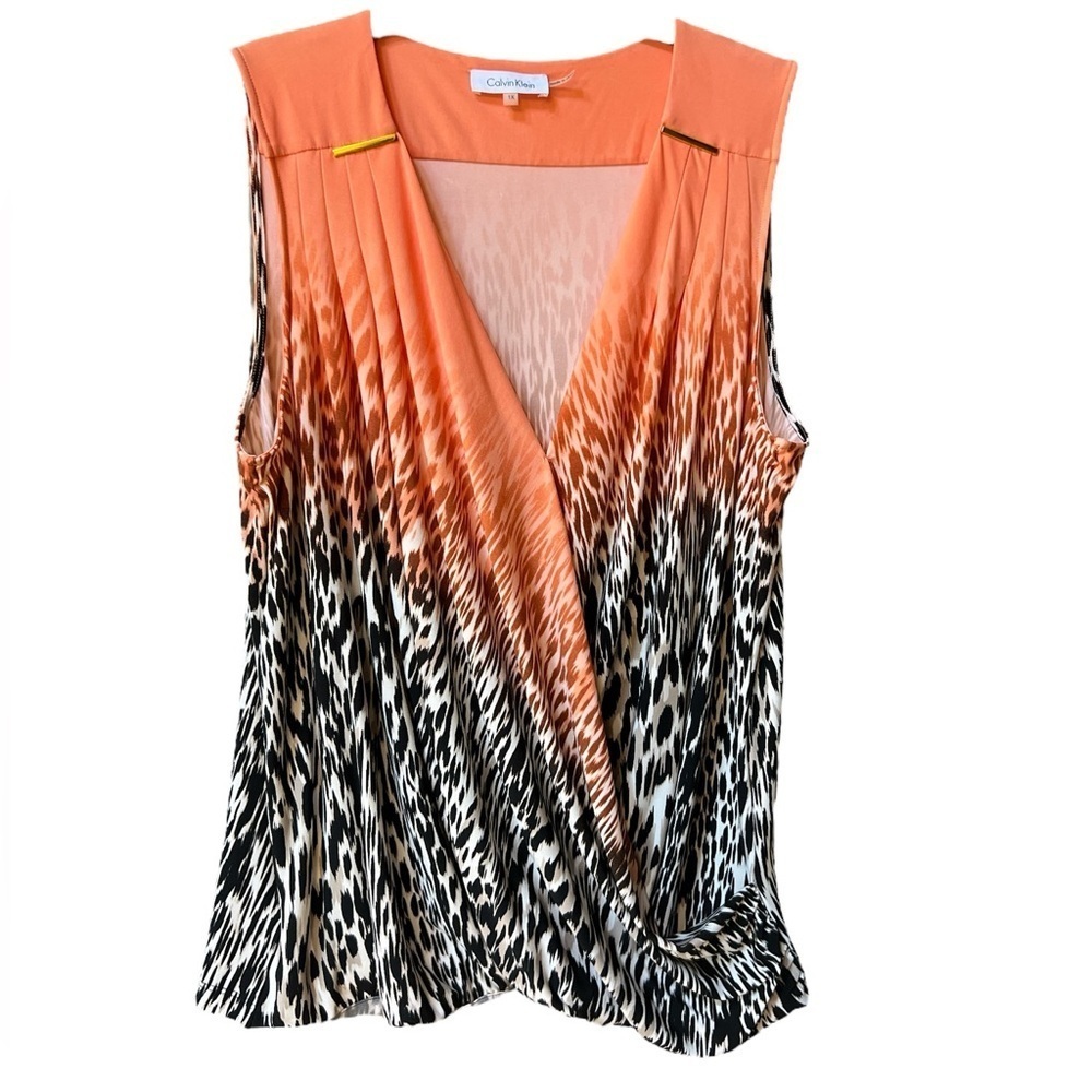 Calvin Klein Cross Over cheetah print sleeveless stretch blouse 1X Orange Black